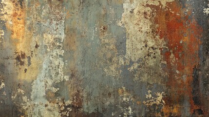 Fototapeta premium An abstract composition featuring a distressed surface with splotches of rust and faded hues, resembling
