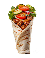 Delicious doner kebab wrapped in a grilled tortilla with fresh vegetables on transparent background