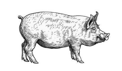 Fototapeta premium Pig, hog, boar. Vintage retro print, black white pig sketch ink pencil style drawing, linear drawing, engrave old school. Sketch artwork silhouette pig, hog, boar. Side view profile. Illustration