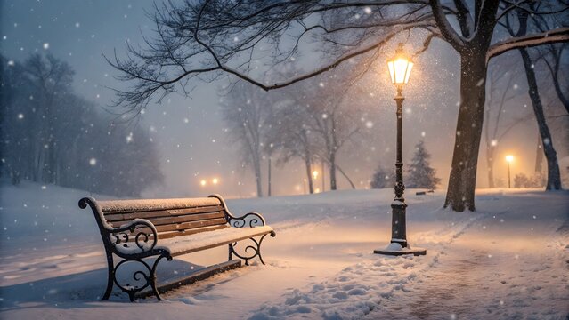 A wooden park bench covered in snow beneath a glowing streetlamp in a winter park.