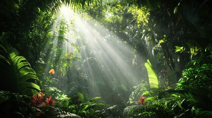 A dense forest with a rich variety of plants, where towering trees create a thick canopy. Sunlight barely penetrates, casting a dim, shadowy light over the lush undergrowth and moss-covered ground.