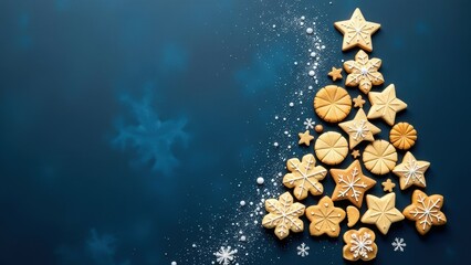 edible Christmas tree made of golden-brown cookies, deep blue background, banner with copy space. sweet Christmas, marketing materials for bakeries or confectionery shops, food service advertisements.