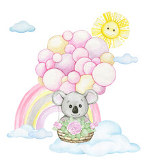 koala flies in a hot air balloon, against the background, rainbow, clouds and sun, watercolor illustration, on an isolated background.