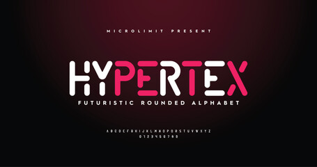 Hypertex: Futuristic rounded font with a tech-forward style. Ideal for electronic and digital projects. Complete A-Z alphabet. Vector illustration.