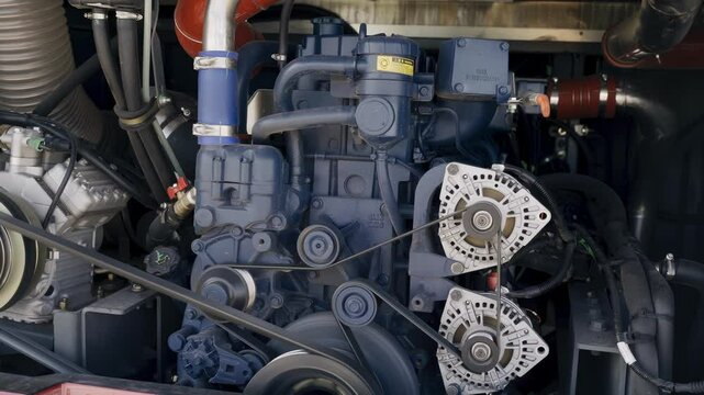 The engine compartment comes to life as the engine hums, showcasing generators and compressors. Smooth camera movements reveal the mechanical beauty at work within the bus.