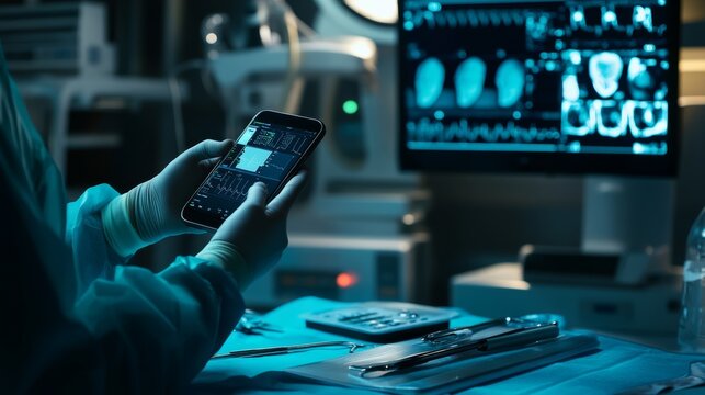 A healthcare professional preparing for surgery with modern medical technology, using digital research tools on a phone screen alongside the operating table setup