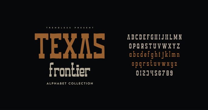 Texas Frontier: A classic Western-inspired typeface capturing vintage charm. Perfect for bold, rustic designs. Full alphabet set. Vector illustration.