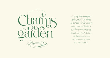 Charms Garden: Classic minimal typography with a modern serif touch. Elegant letters, ligatures, and numbers perfect for fashion and luxury designs. Vector illustration.