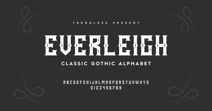 Everleigh: Stylish, vintage gothic-inspired font. Includes uppercase and numbers for a classic look. Vector illustration.