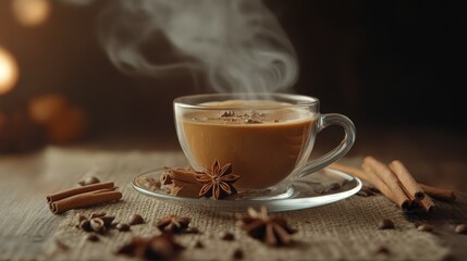 Elegant glass teacup filled with hot chai, steam swirling above, and cinnamon sticks and star anise scattered on the table for an aromatic feel.