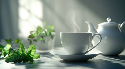 White porcelain cup of herbal tea with steam, set against a minimalistic background with a teapot and fresh mint leaves for a refreshing feel.