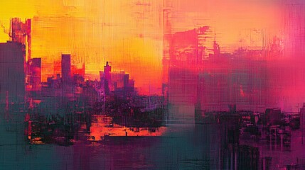 Fototapeta premium Abstract Cityscape Sunset Digital Art Urban Contemporary Modern Painting