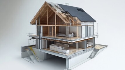 A house construction engineering diagram, focusing on the technical aspects of building design, including wall thickness, roof structure, and foundation plans
