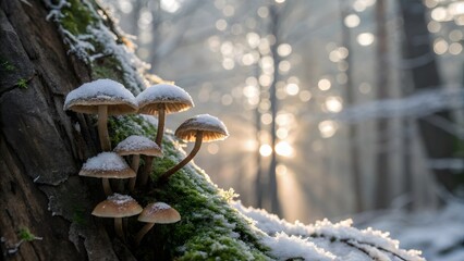 A cluster of small snow-capped mushrooms on a tree trunk.