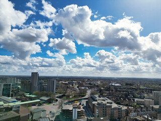 Fototapeta premium Aerial View of Downtown Buildings at Central Coventry City Centre of England United Kingdom. Drone's Camera Footage Was Captured During Bright Sunny Day From Medium High Altitude on March 30th, 2024