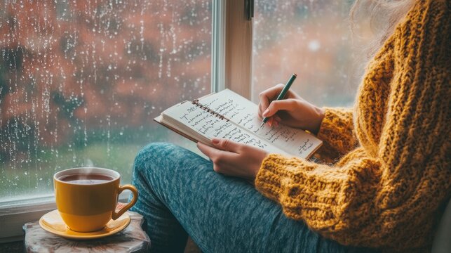 A journaling for relaxation scene with a person sitting by a window, writing in a notebook with a cup of tea nearby, reflecting on thoughts and emotions
