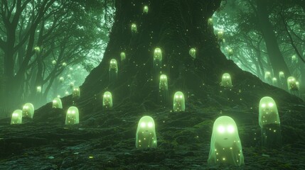 Enchanting 3D Render of Glowing Kodama Tree Spirits Surrounding Ancient Tree in Japanese Yokai Forest | Ultra-Detailed Illustration