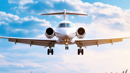Naklejka premium A private international medical transport jet landing at an international airport, with a ground team ready to receive the patient