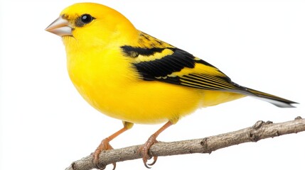 Obraz premium Yellow Canary Bird Perched on Branch Isolated on White Background