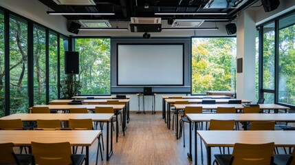 A modern classroom equipped with audio-visual teaching aids, including projectors, interactive whiteboards, and digital tablets, creating an immersive learning environment