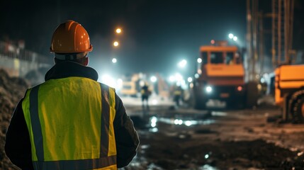 Obraz premium A night construction scene with engineers in safety helmets and reflective vests inspecting the site, with construction lights illuminating the area and machinery working in the background