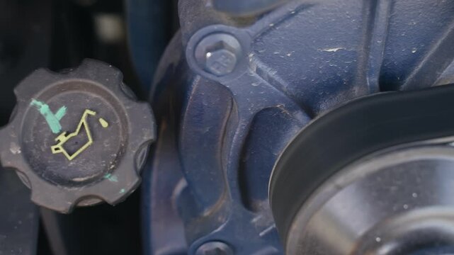 The camera glides gracefully from right to left, revealing the intricacies of an oil filler neck designed for truck and bus engines. Observe the engineering details up close.