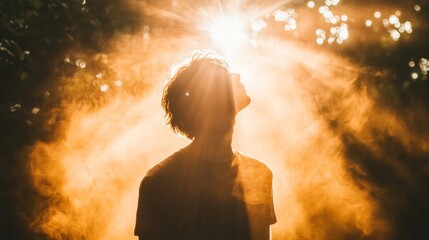 A person experiencing mental clarity, with bright, focused light shining on them as they stand confidently, symbolizing a clear and optimistic state of mind