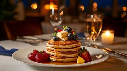 A plate of pancakes stacked high, drizzled with syrup and butter, and served with a side of fresh fruit for a sweet breakfast