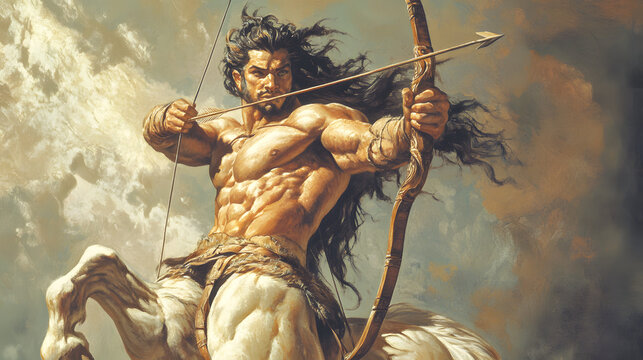 Greek mythology, illustration of the creature centaur half horse half human with a bow, mythical archers