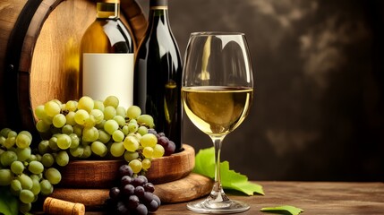 Obraz premium A bottle, glass, grapes, and a barrel on a wooden table