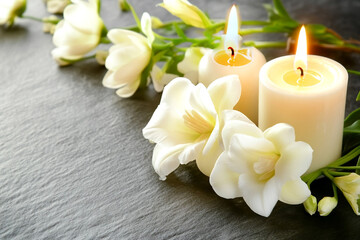 White candles burning alongside delicate white flowers on a dark slate background, creating a peaceful and serene atmosphere