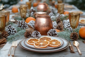 Naklejka premium seasonal table decor, autumns beauty adorns the table with copper accents, dried orange slices, and cinnamon sticks a warm, inviting setup for thanksgiving