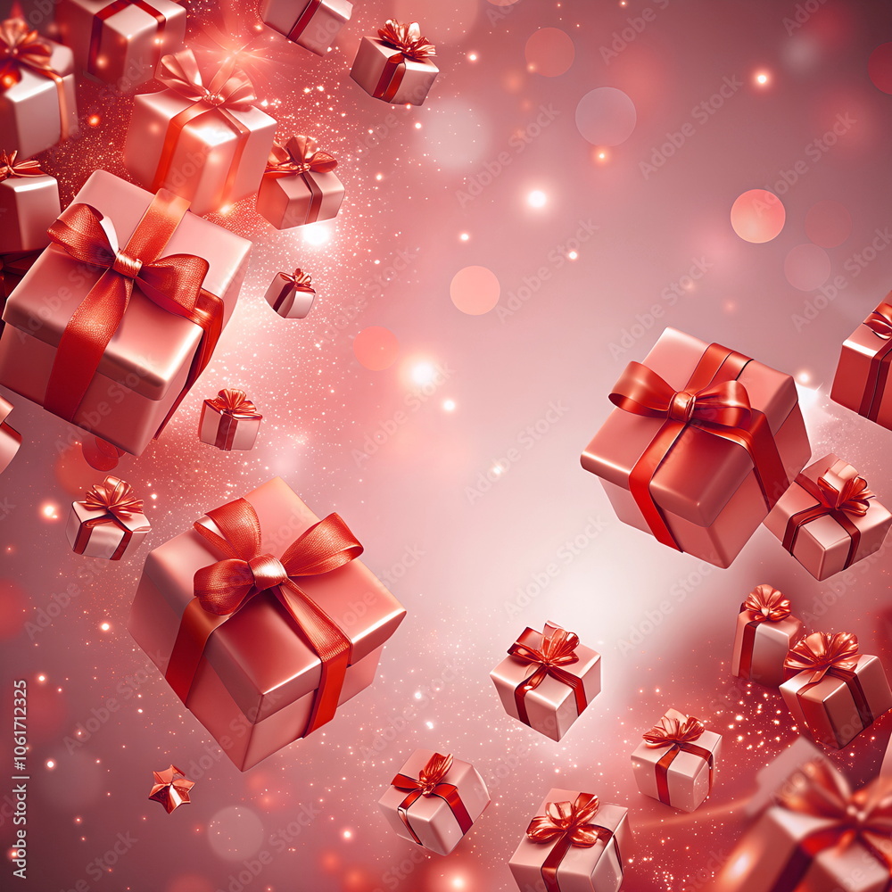 Wall mural Christmas background red color with Gift boxes flying and sparkles bokeh.Copy space