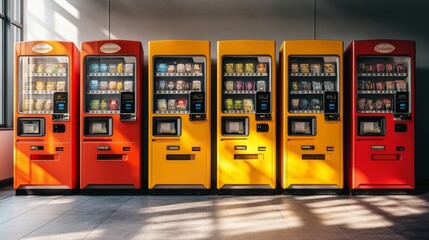 Row of Colorful Vending Machines with Snacks and Drinks