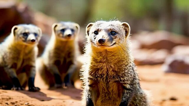 a yellow mona yellowa yellow mongoose  and  two other mongoloids  standing together.a yellow mongoose  and  two other mongoloids  standing together.goose  and  two other mongoloids  standing together.