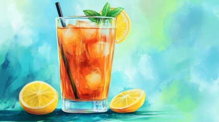 Fototapeta premium A refreshing cold drink of iced tea in a tall glass with lemon slices and mint, served over ice, perfect for a hot summer day