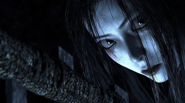 Eerie 3D Render of Japanese Rokurokubi Yokai Woman Peering Over Fence at Night | Ultra-Detailed Illustration of Ominous Ghostly Creature in Traditional Setting