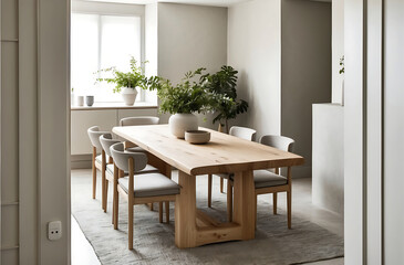 Fototapeta premium Dining room interior with natural wooden table in trendy minimal japandi style