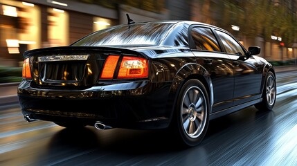 Obraz premium Black Sedan Driving On Wet Road At Night