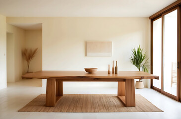 Dining room interior with natural wooden table in trendy minimal japandi style