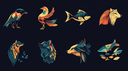 Obraz premium A set of animal logo designs with abstract illustrations of animals like birds, fish, and wolves, perfect for professional branding and nature-themed businesses