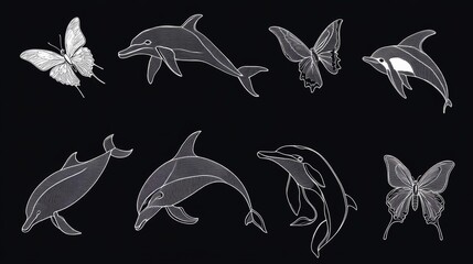 A set of animal outline vectors featuring clean, modern outlines of animals like horses, dolphins, and butterflies, perfect for minimalist designs and tattoos