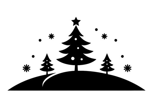 recommend clip art: 雪が降るクリスマスツリーの丘のシルエットイラスト　透過背景の切り抜き