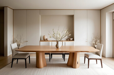 Fototapeta premium Dining room interior with natural wooden table in trendy minimal japandi style