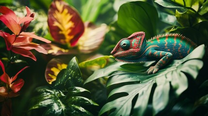 Chameleon in a Lush Tropical Environment with Vibrant Plants