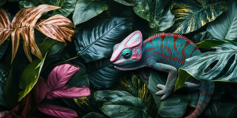 Chameleon in a Lush Tropical Environment with Vibrant Plants