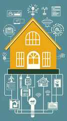 Smart home technology concept with house, icons and lightbulb.