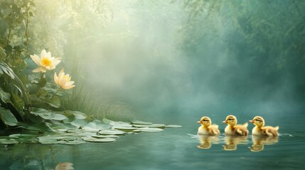 Ducklings Paddling in a Peaceful Pond Scene with Lily Pads