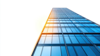 Modern tall building with reflective glass windows reaching towards sky, showcasing sleek design and vibrant sunlight, isolate on white background
