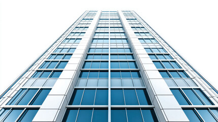 Modern tall building with sleek glass facade and geometric design, showcasing urban architecture and contemporary style, isolate on white background